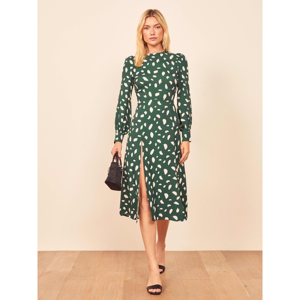 Reformation | Creed Dress 2 Green Abstract Spot Print Long Sleeve Midi Slit
